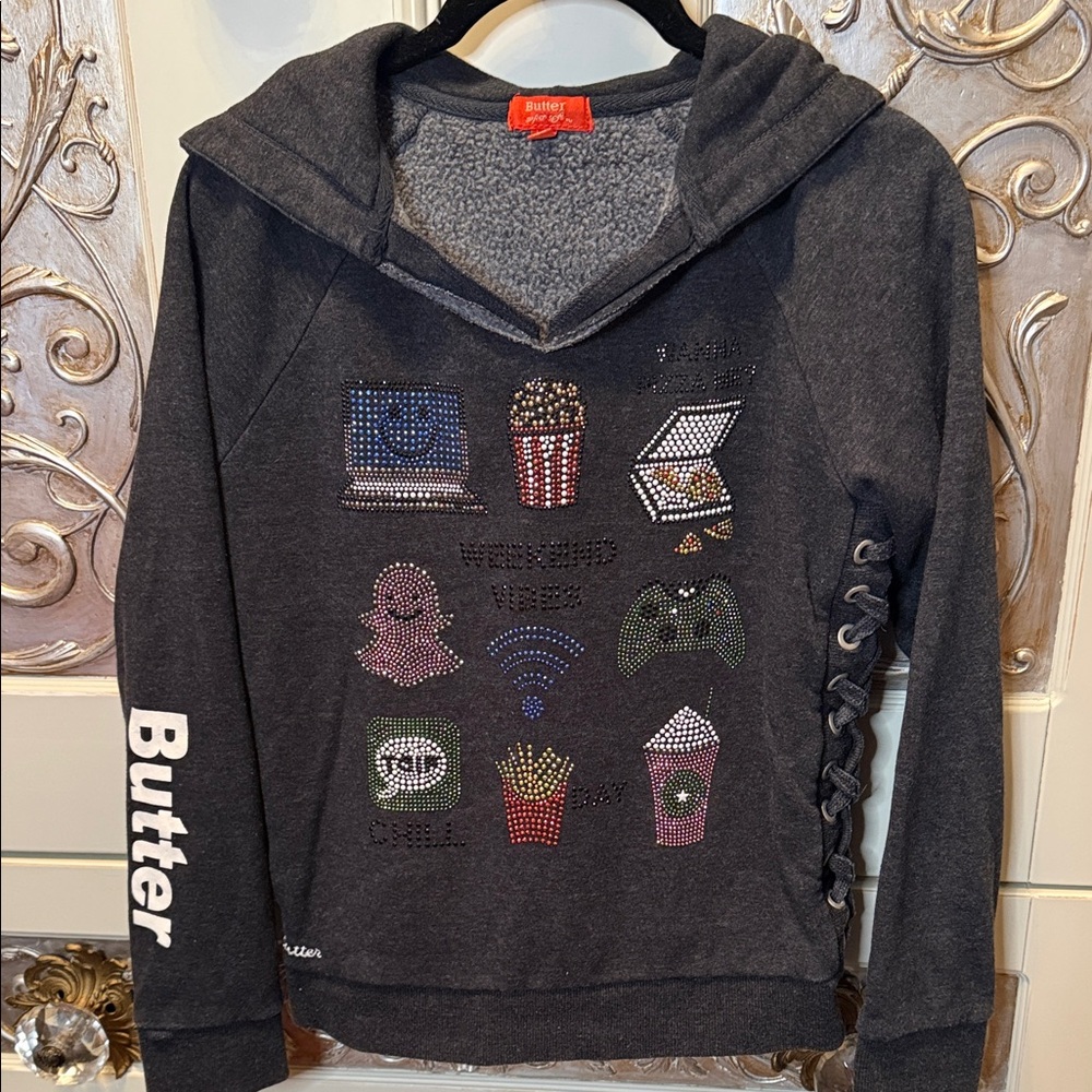 EUC girls Butter super soft rhinestone bling emoji hoodie